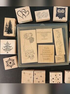 Wooden Rubber Stamp Set with Floral, Valentines Day, Christmas Numbers & Owl